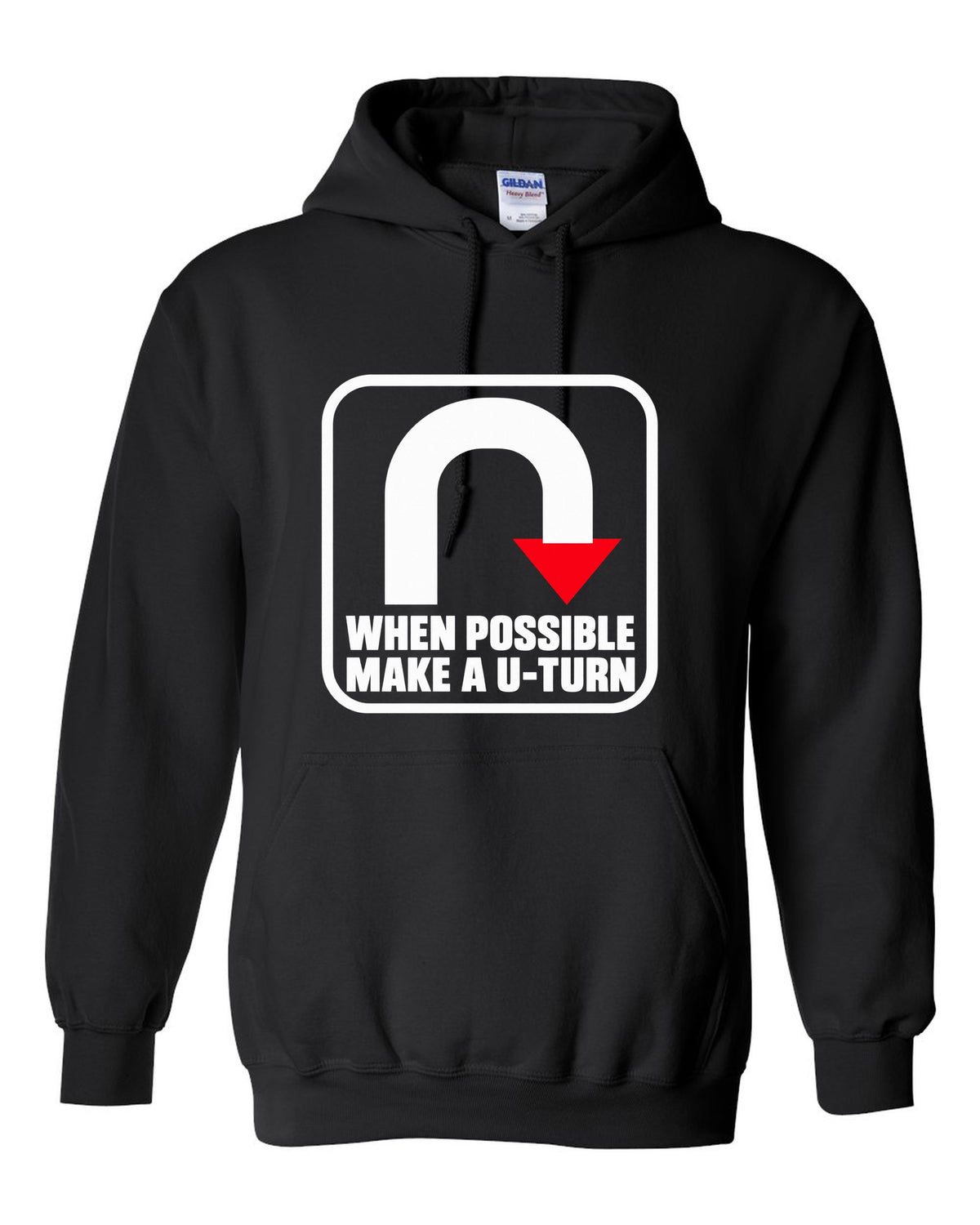 Bold U-turn arrow inside a rounded square black pull over hoodie front view with the design