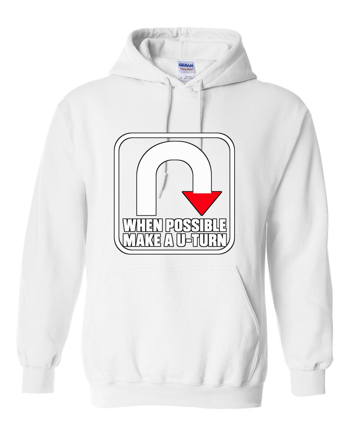 Bold U-turn arrow inside a rounded square white pull over hoodie front view with the design