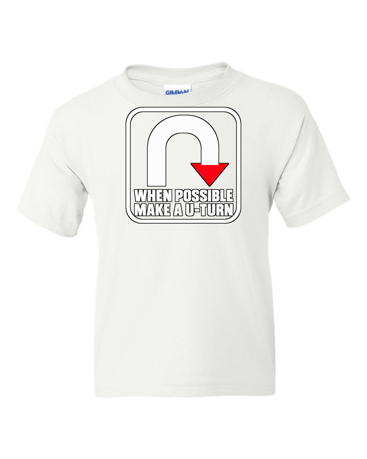 Bold U-turn arrow inside a rounded square white kids tee front view with the design