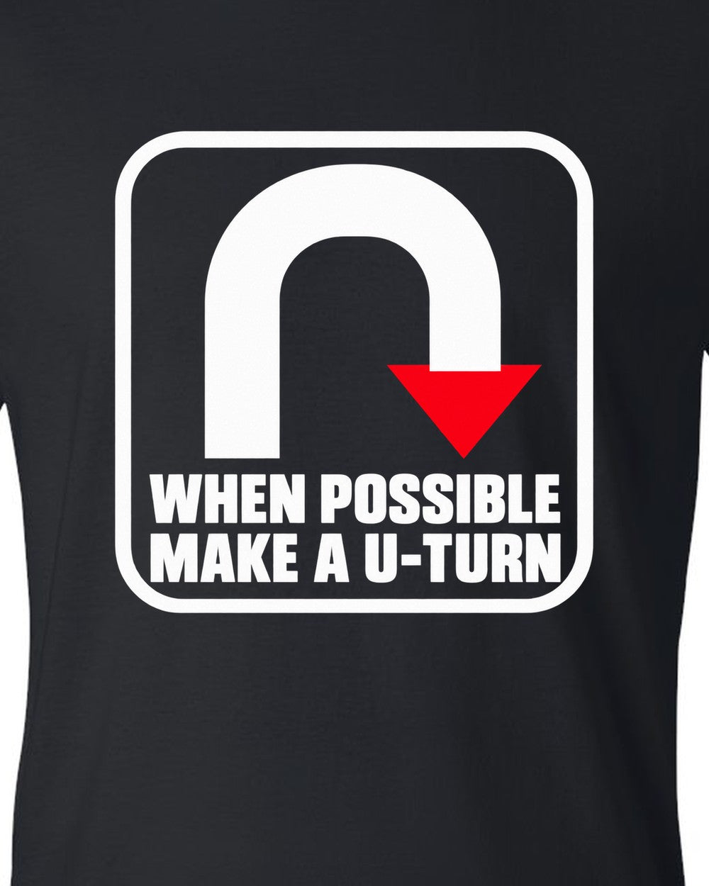 Bold U-turn arrow inside a rounded square black t-shirt close-up