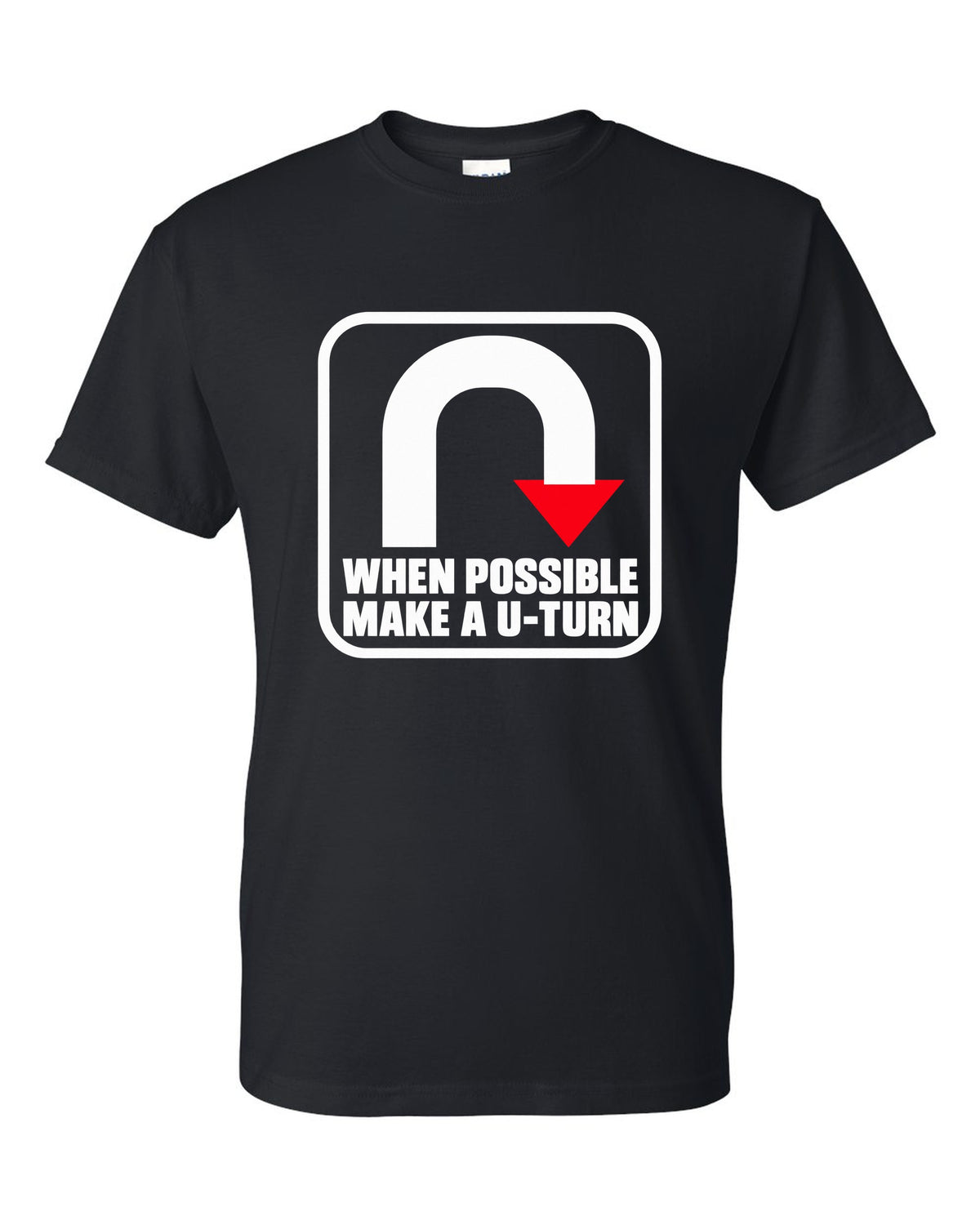 Bold U-turn arrow inside a rounded square black t-shirt front view with the design