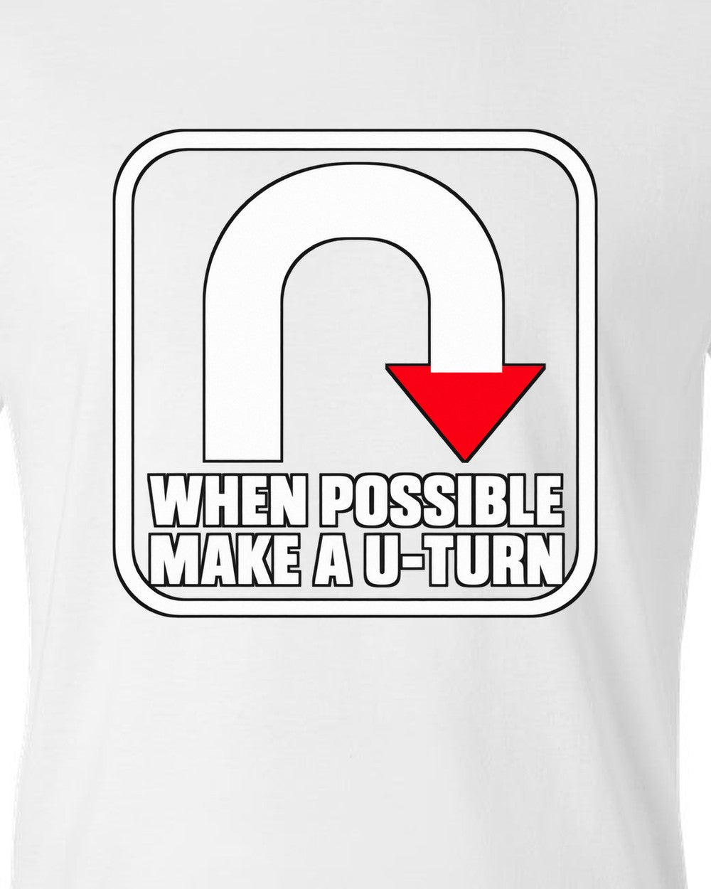 Bold U-turn arrow inside a rounded square white t-shirt close-up