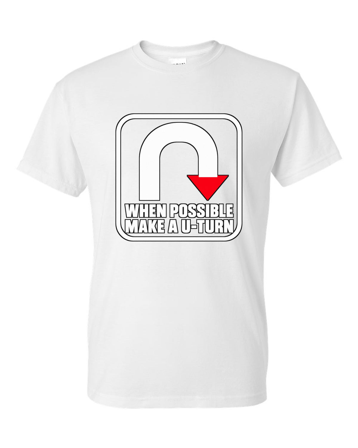 Bold U-turn arrow inside a rounded square white t-shirt front view with the design