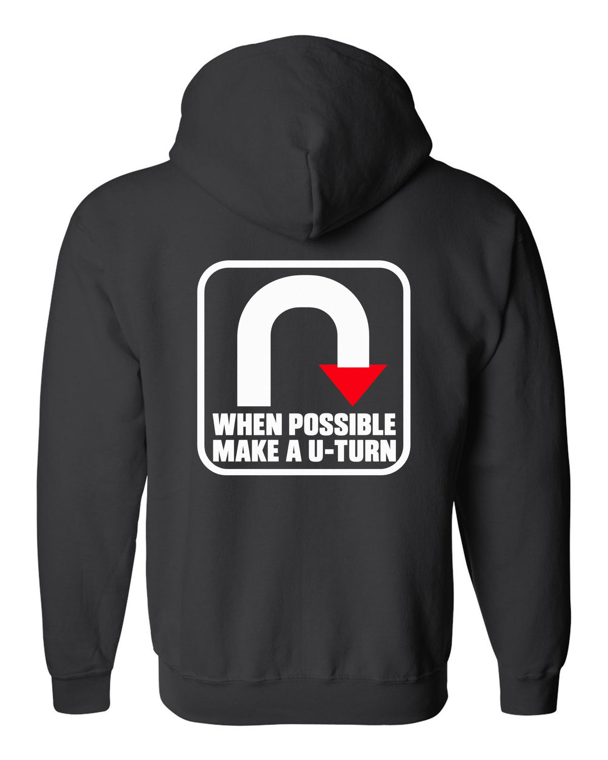 Bold U-turn arrow inside a rounded square black zip hoodie back view with the design