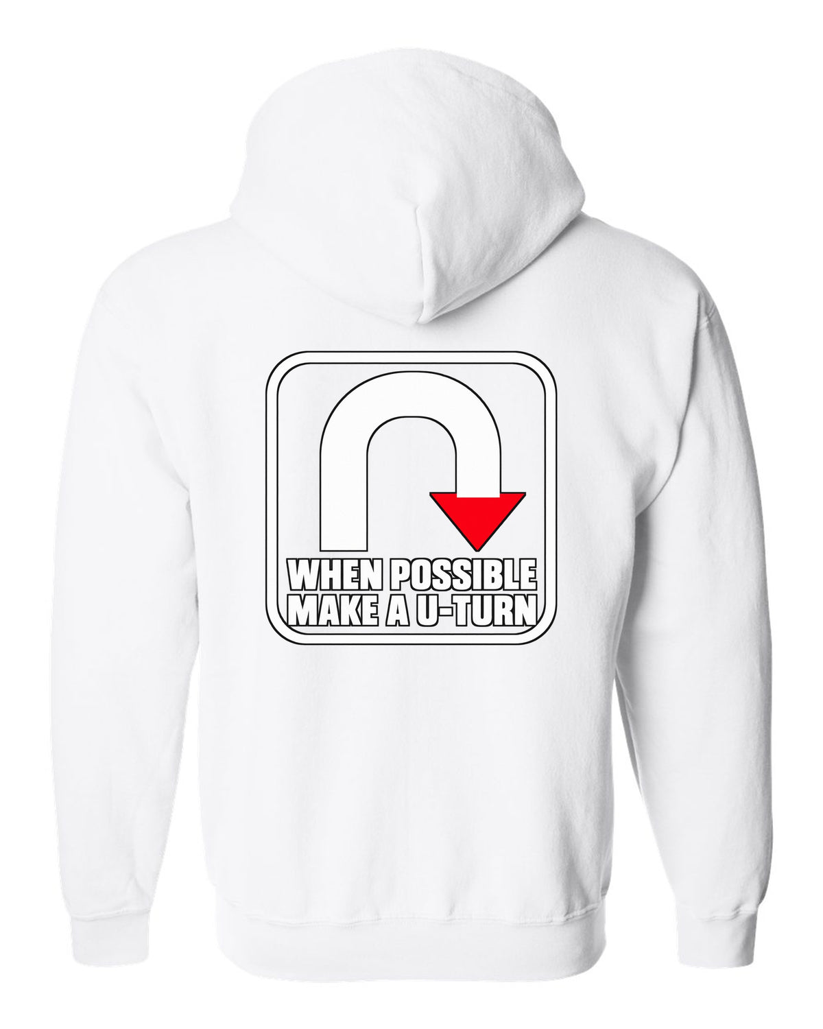 Bold U-turn arrow inside a rounded square white zip hoodie back view with the design