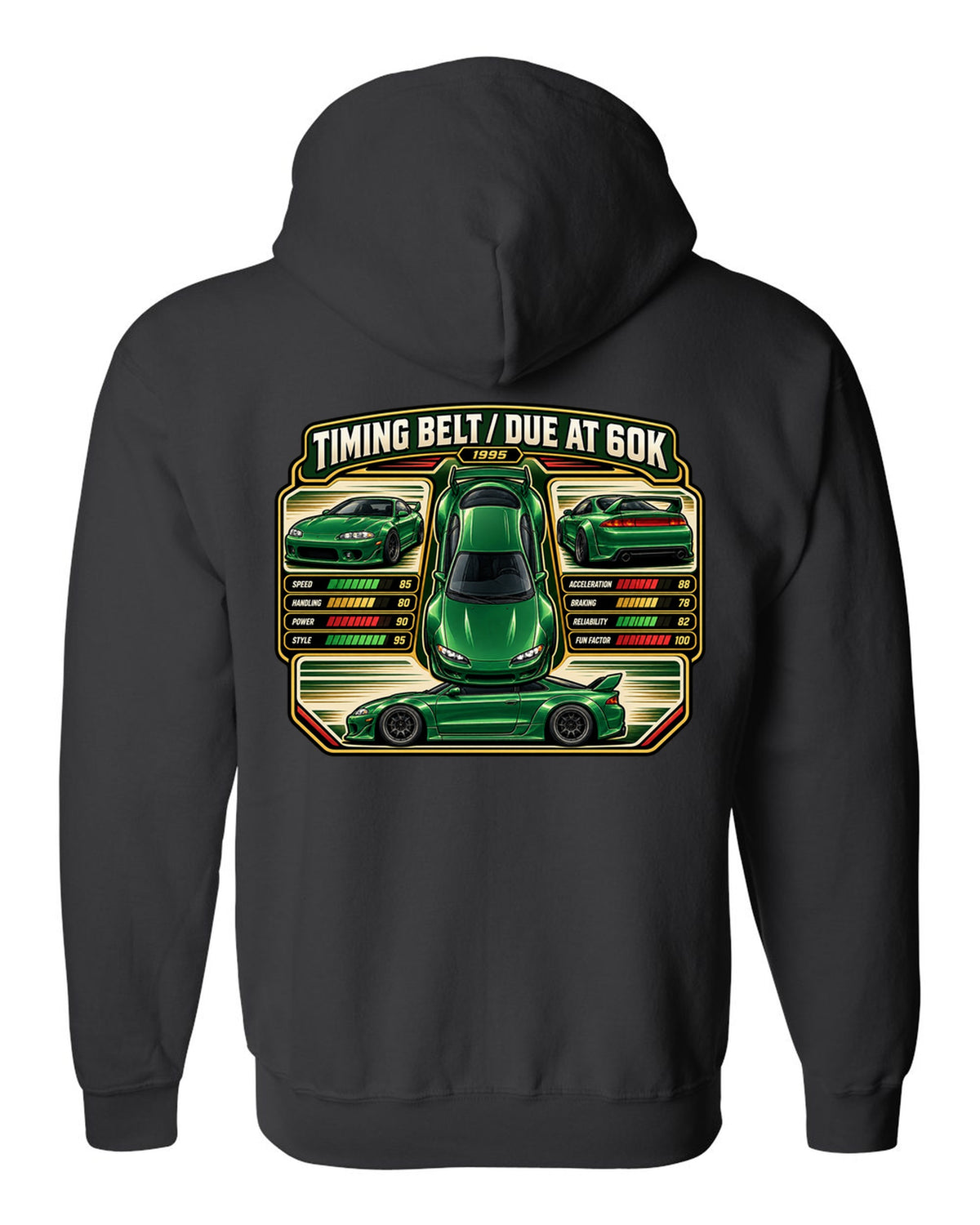 Top-down vector trading card print of a widebody Mitsubishi Eclipse GSX 2G with timing belt due at 60K text black zip hoodie back view with the design