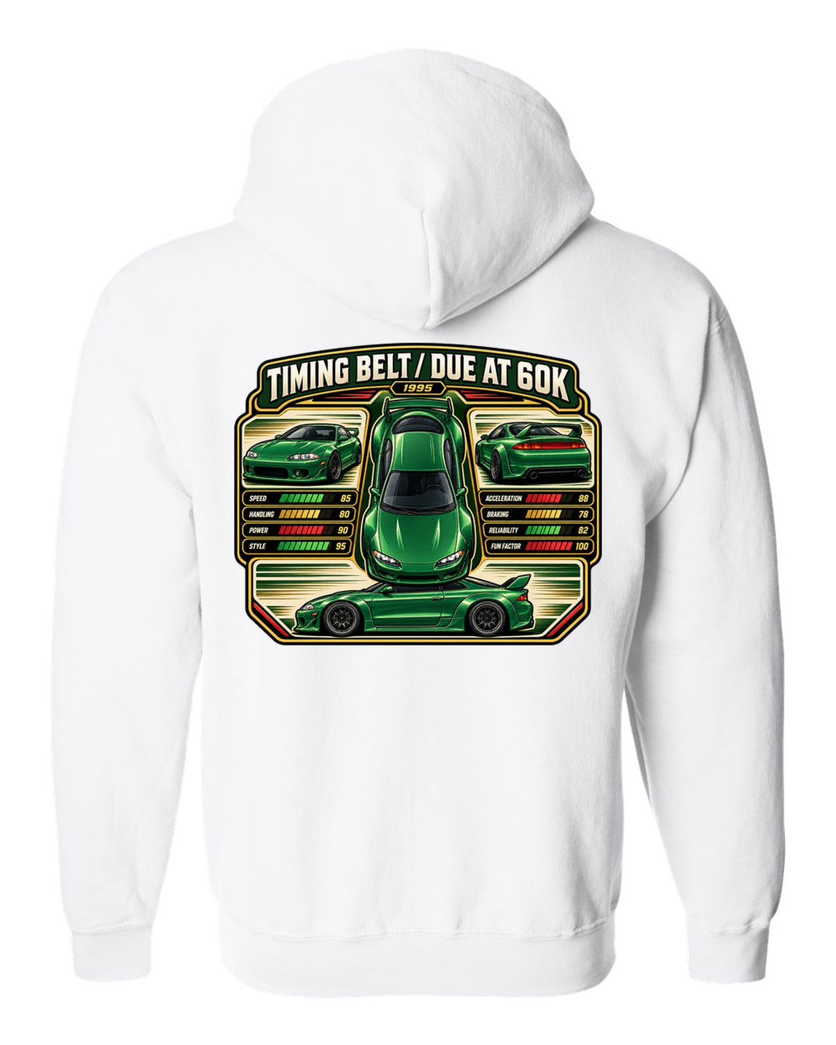 Top-down vector trading card print of a widebody Mitsubishi Eclipse GSX 2G with timing belt due at 60K text white zip hoodie back view with the design
