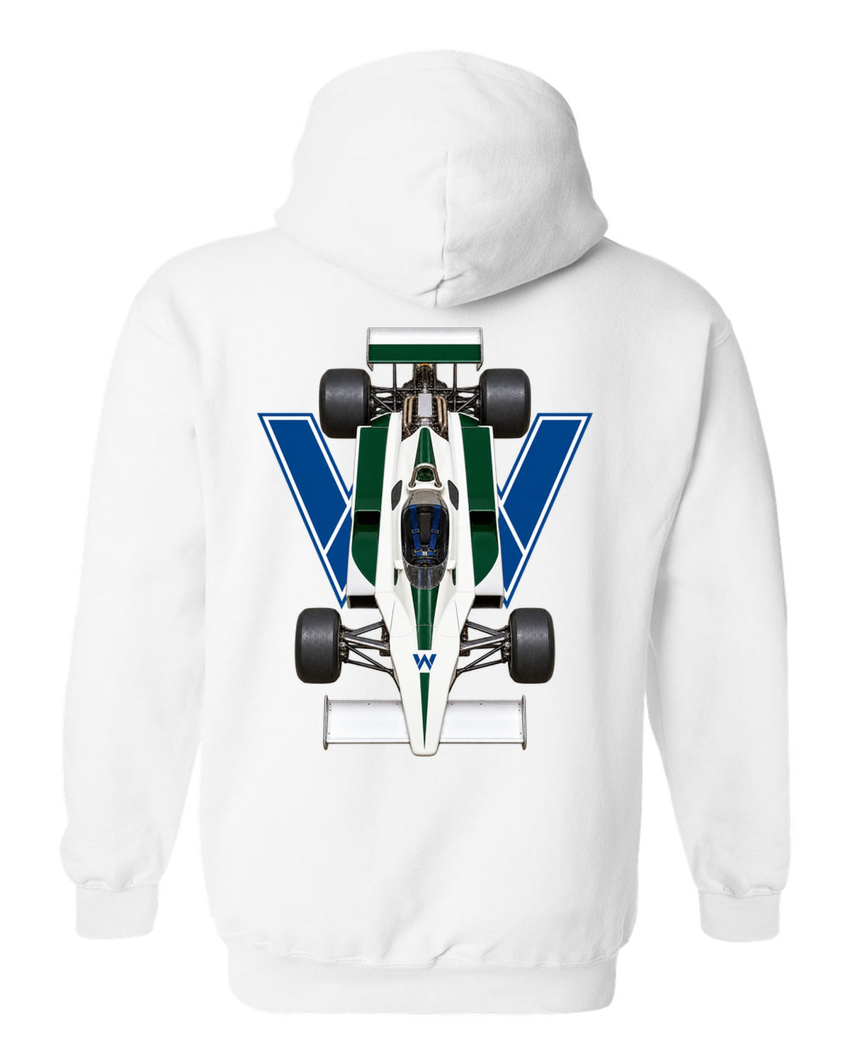 Williams FW07 1979 Formula 1 overhead poster artwork white pull over hoodie back view with the design