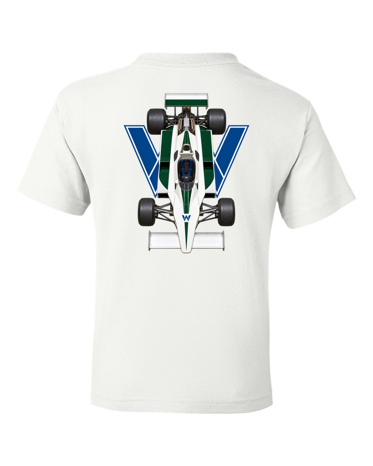 Williams FW07 1979 Formula 1 overhead poster artwork white kids tee back view with the design