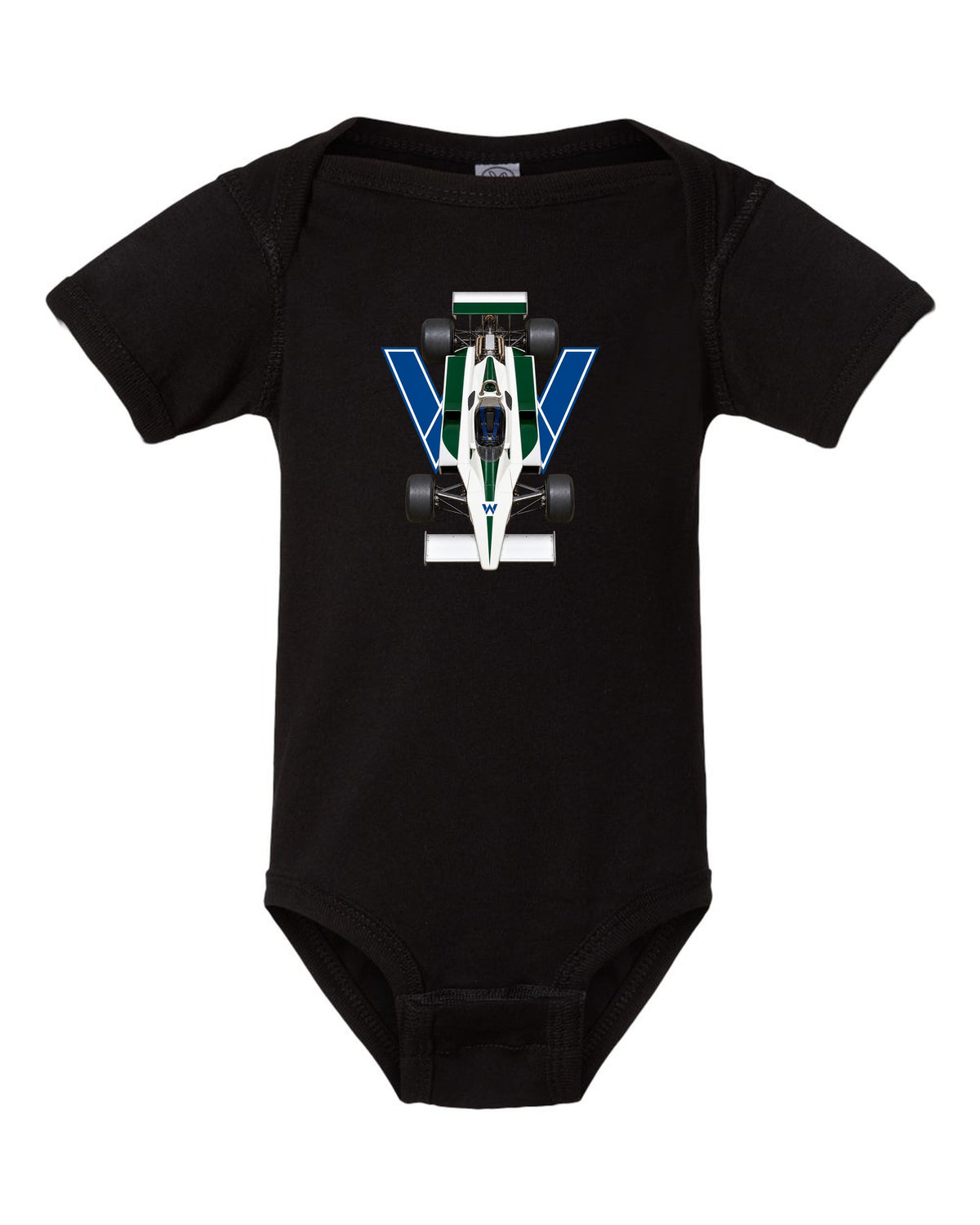 Williams FW07 1979 Formula 1 overhead poster artwork black baby onesie front view with the design