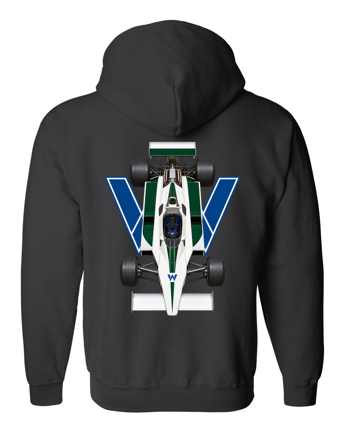 Williams FW07 1979 Formula 1 overhead poster artwork black zip hoodie back view with the design