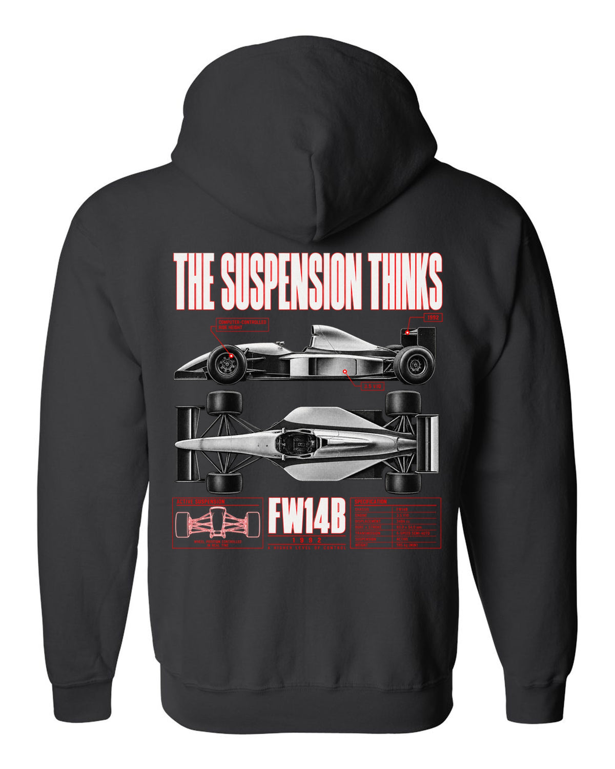 Williams FW14B spec poster print with active ride and V10 text black zip hoodie back view with the design