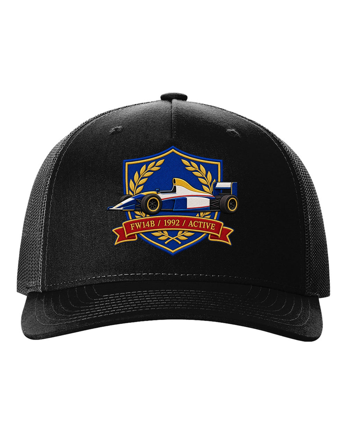 Varsity crest style Williams FW14B Formula 1 car with 1992 ACTIVE lettering black hat front view with the design