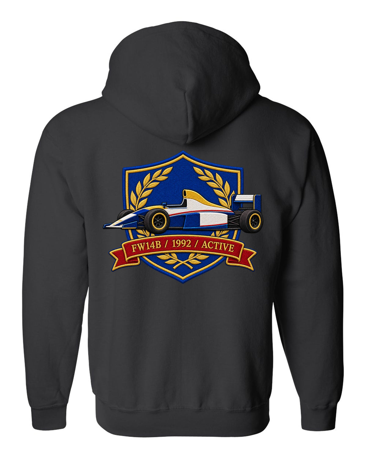 Varsity crest style Williams FW14B Formula 1 car with 1992 ACTIVE lettering black zip hoodie back view with the design