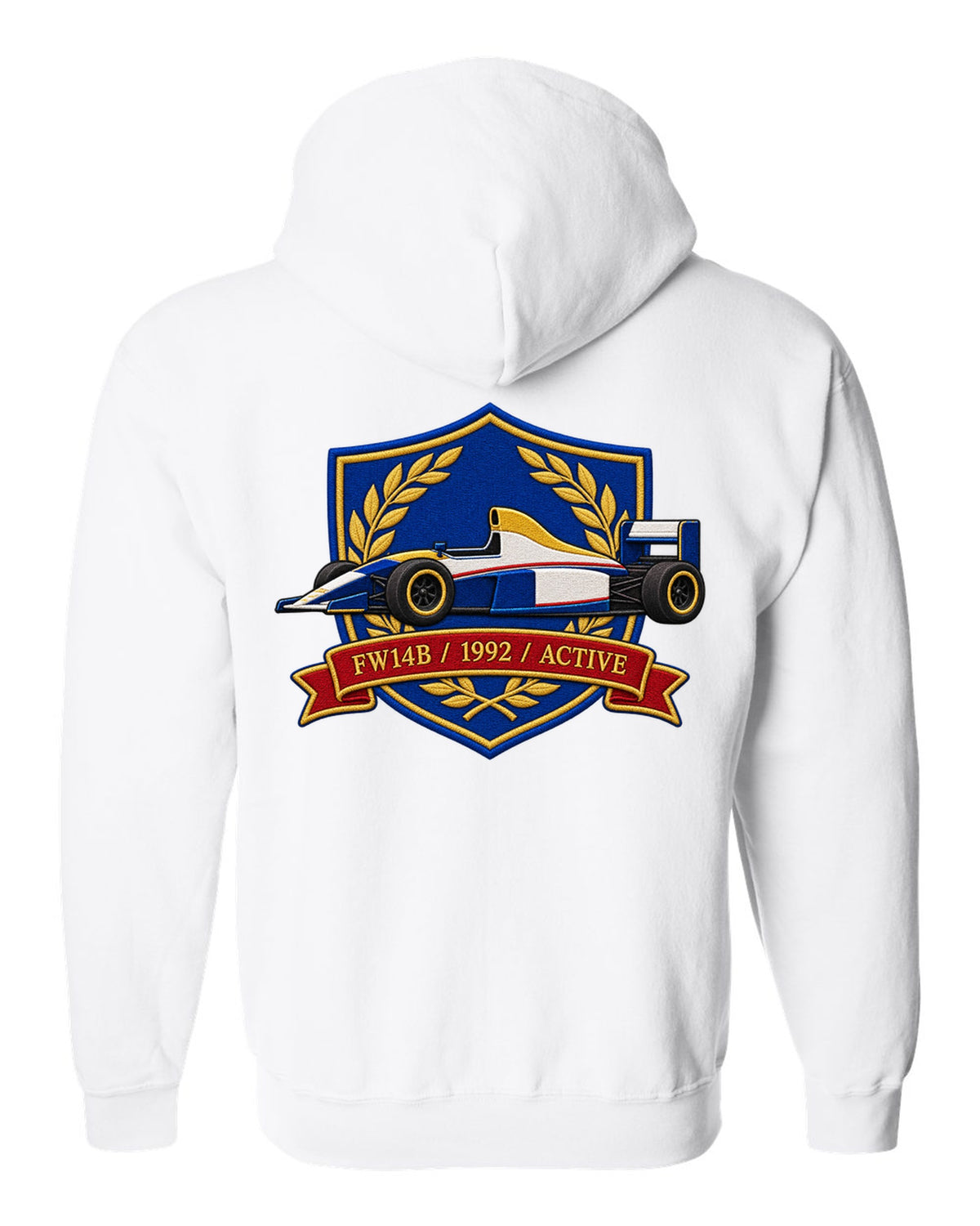 Varsity crest style Williams FW14B Formula 1 car with 1992 ACTIVE lettering white zip hoodie back view with the design