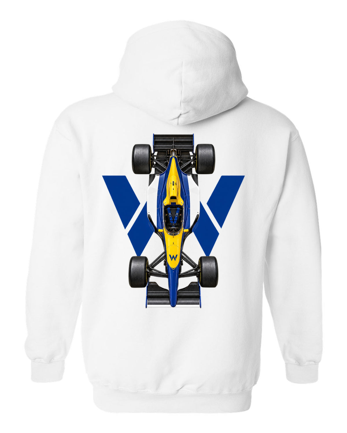 Williams FW15C 1993 Formula 1 overhead poster artwork white pull over hoodie back view with the design