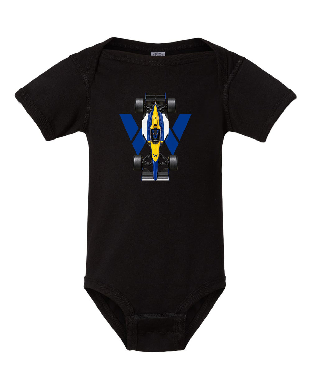 Williams FW15C 1993 Formula 1 overhead poster artwork black baby onesie front view with the design