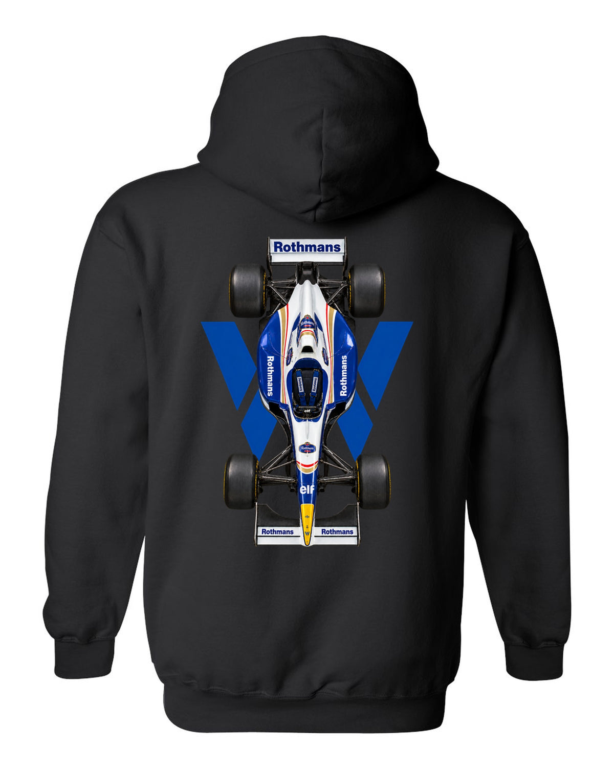 Williams FW18 1996 Formula 1 overhead poster artwork black pull over hoodie back view with the design