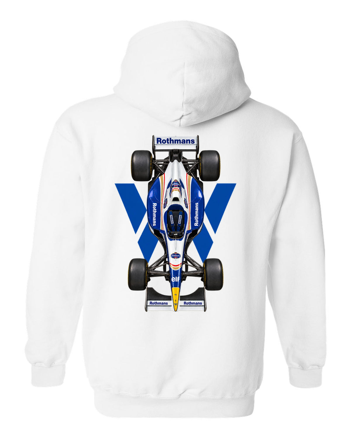 Williams FW18 1996 Formula 1 overhead poster artwork white pull over hoodie back view with the design