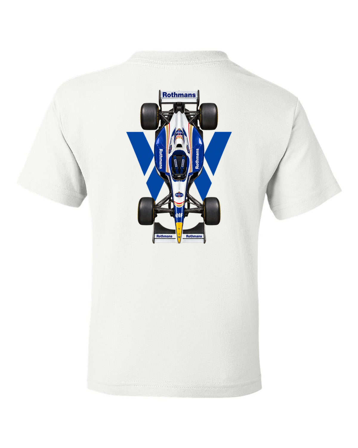 Williams FW18 1996 Formula 1 overhead poster artwork white kids tee back view with the design