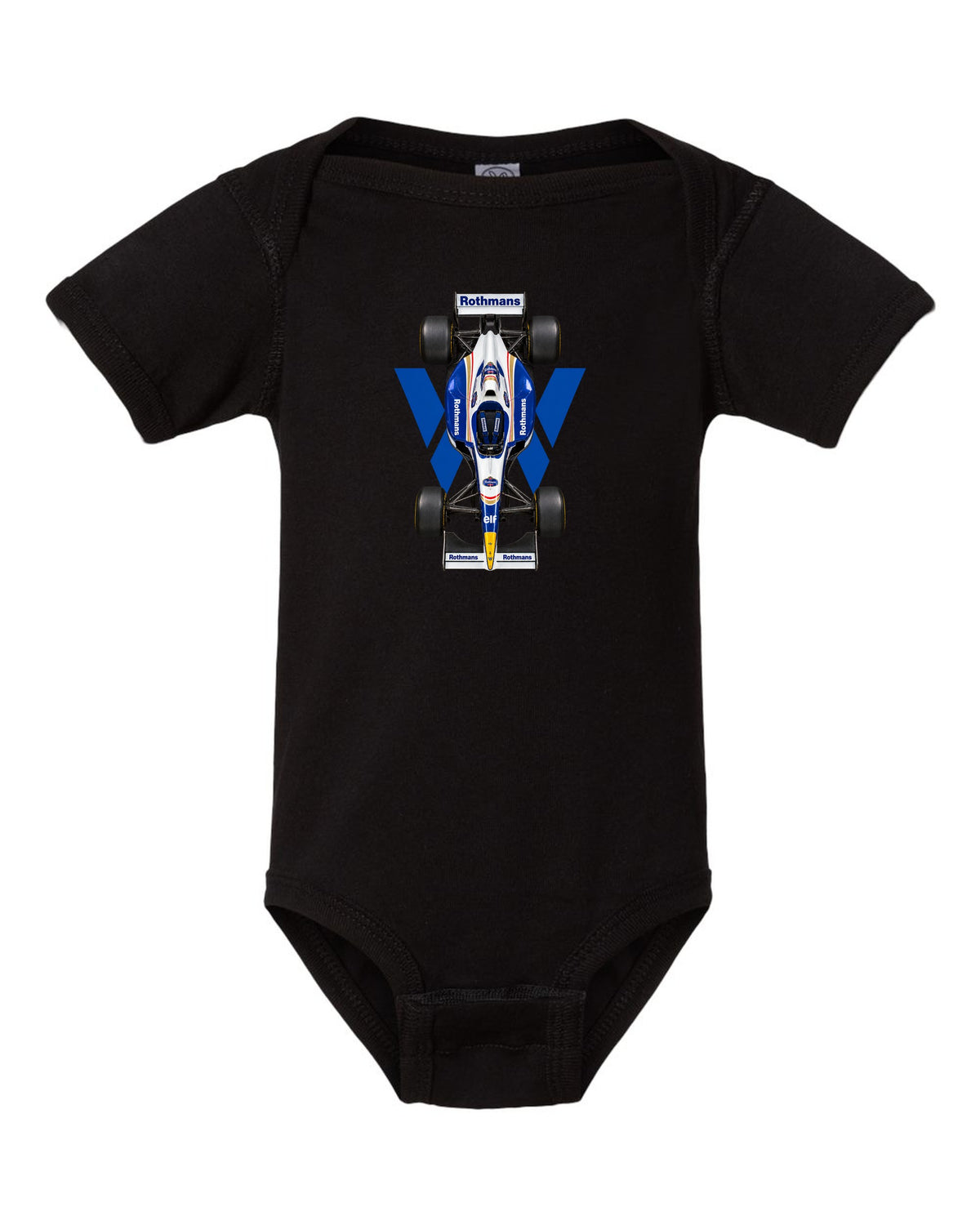 Williams FW18 1996 Formula 1 overhead poster artwork black baby onesie front view with the design