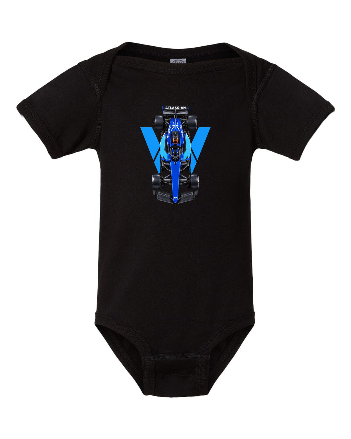 Williams FW48 Formula 1 overhead poster artwork black baby onesie front view with the design