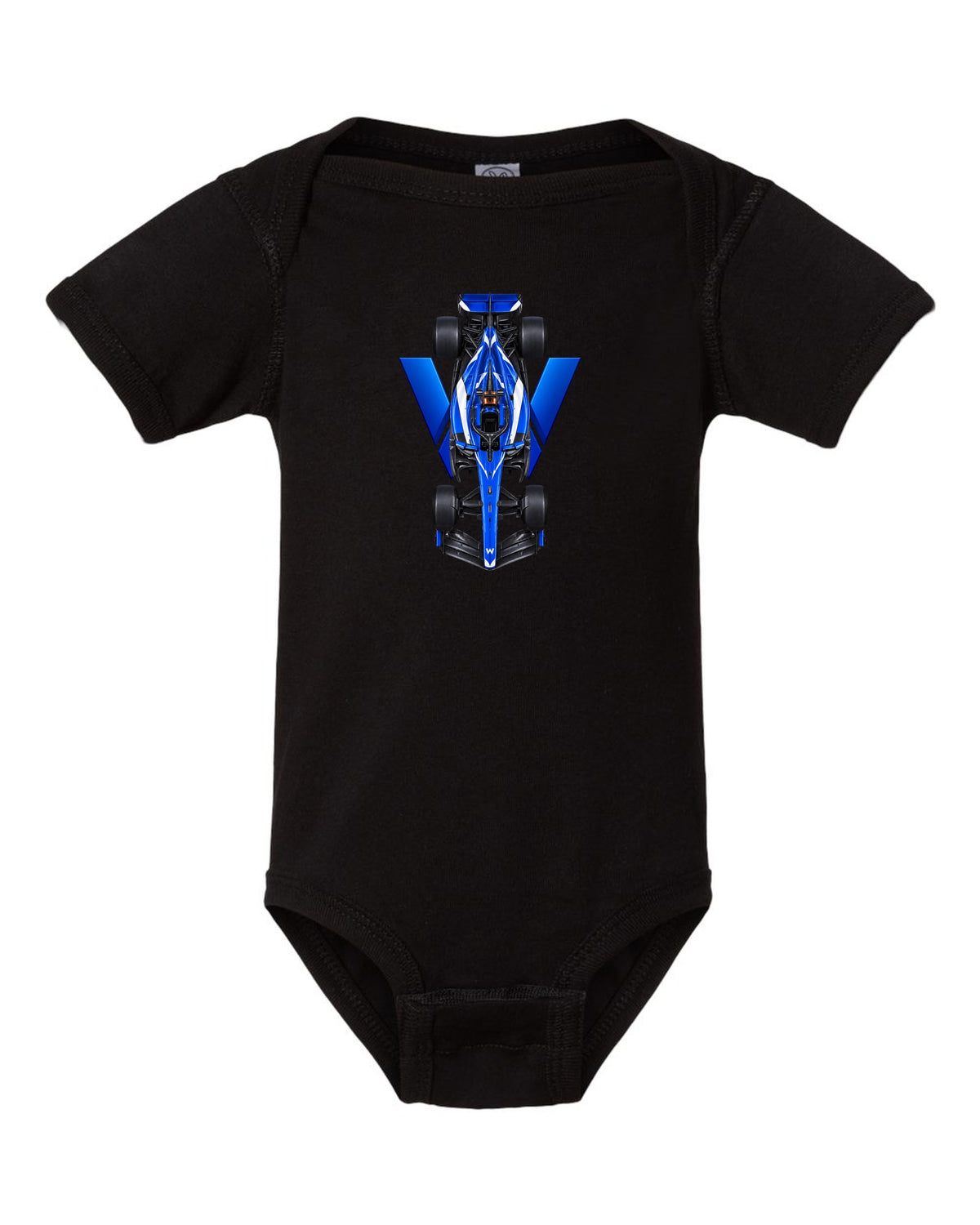 Williams FW48 Formula 1 overhead poster artwork black baby onesie front view with the design