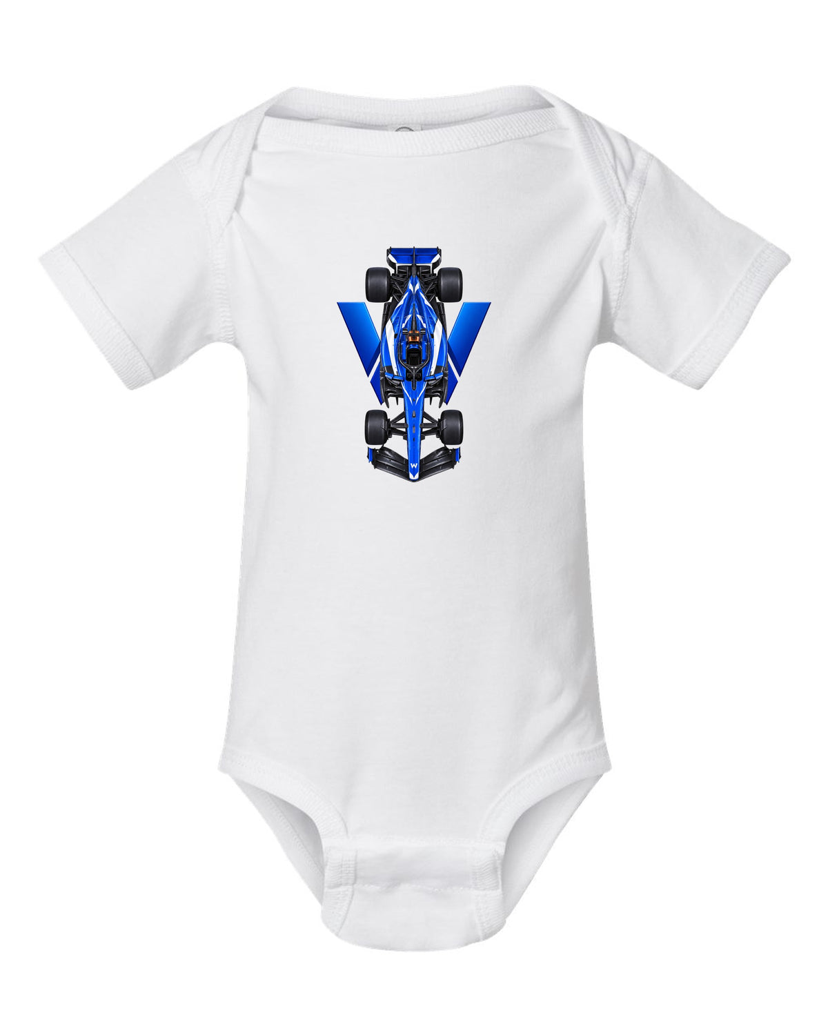 Williams FW48 Formula 1 overhead poster artwork white baby onesie front view with the design