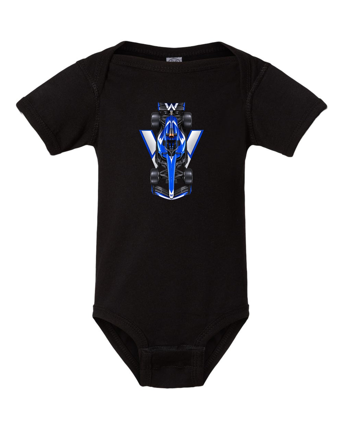 Williams FW48 Formula 1 overhead poster artwork black baby onesie front view with the design