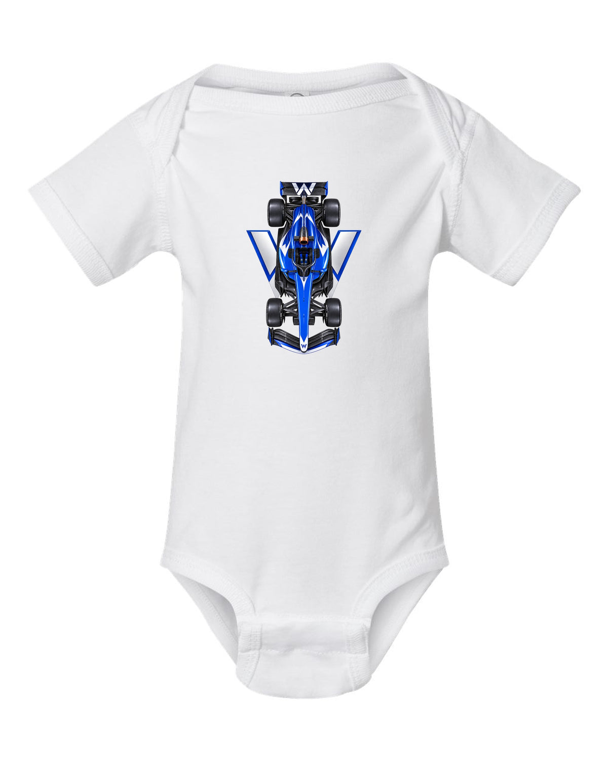 Williams FW48 Formula 1 overhead poster artwork white baby onesie front view with the design