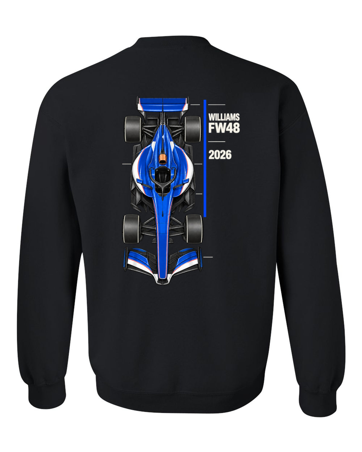 Williams FW48 2026 F1 car technical poster artwork black crewneck back view with the design