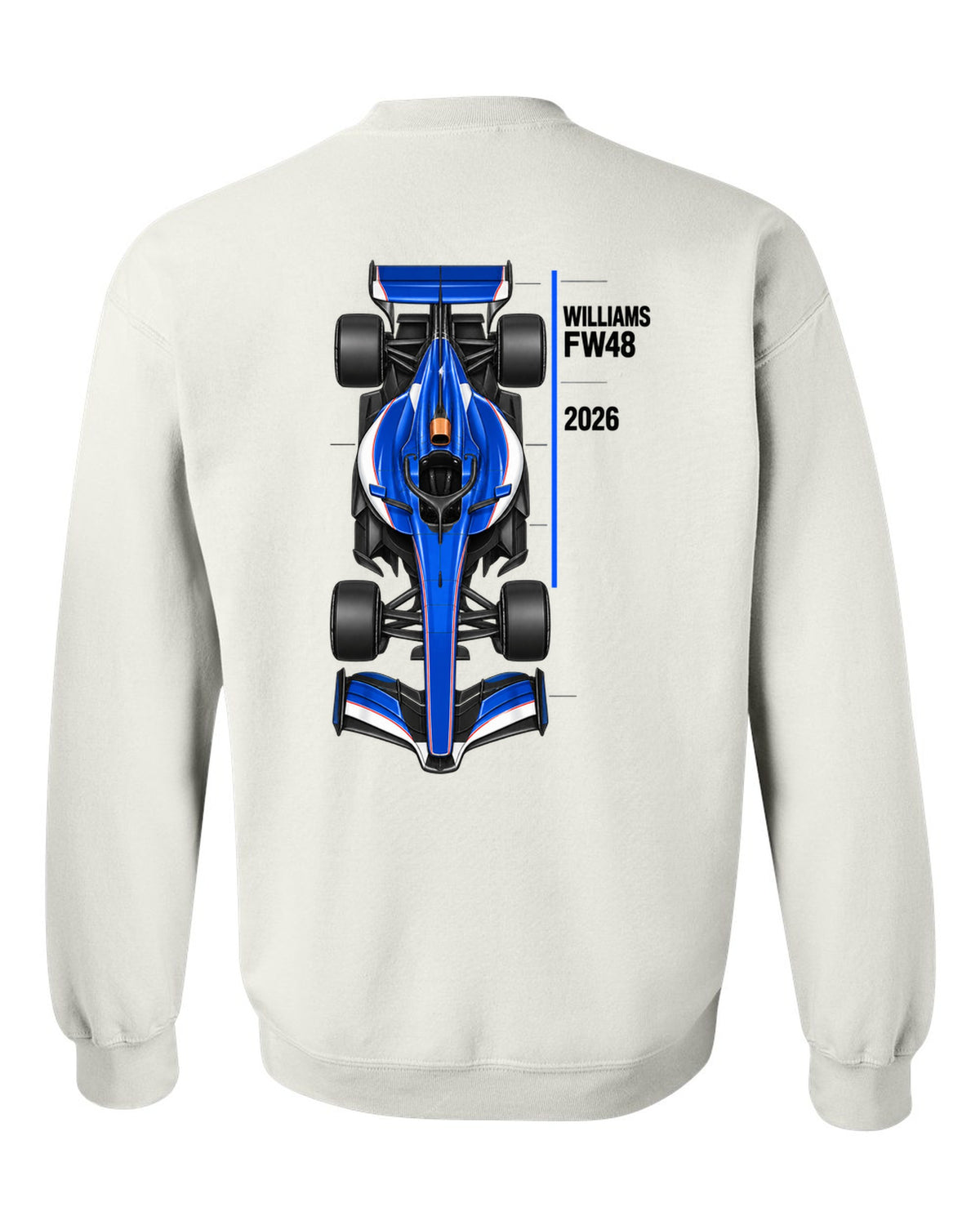 Williams FW48 2026 F1 car technical poster artwork white crewneck back view with the design