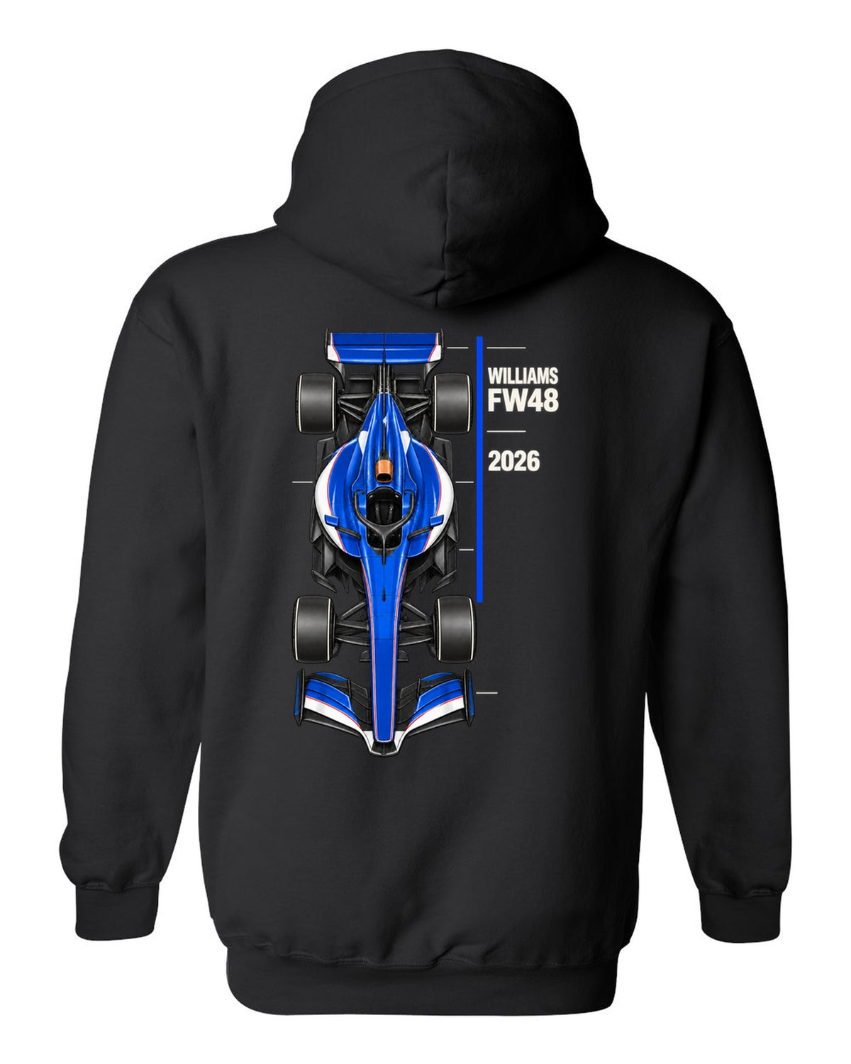 Williams FW48 2026 F1 car technical poster artwork black pull over hoodie back view with the design