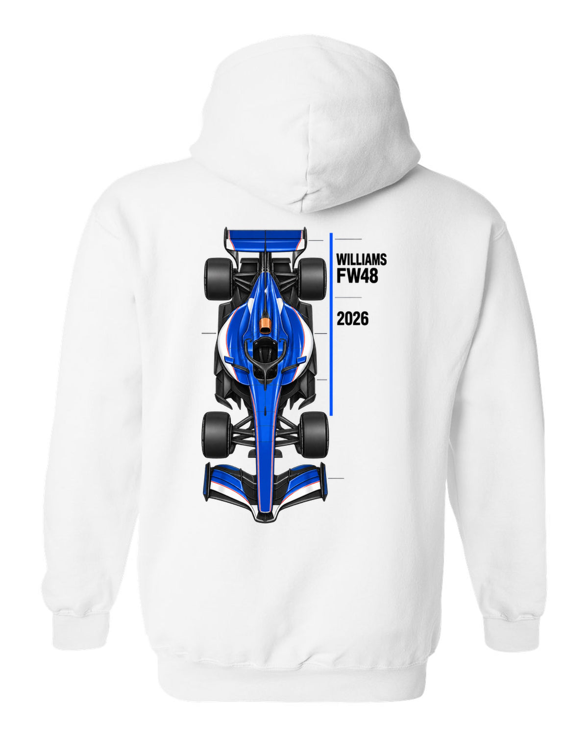 Williams FW48 2026 F1 car technical poster artwork white pull over hoodie back view with the design