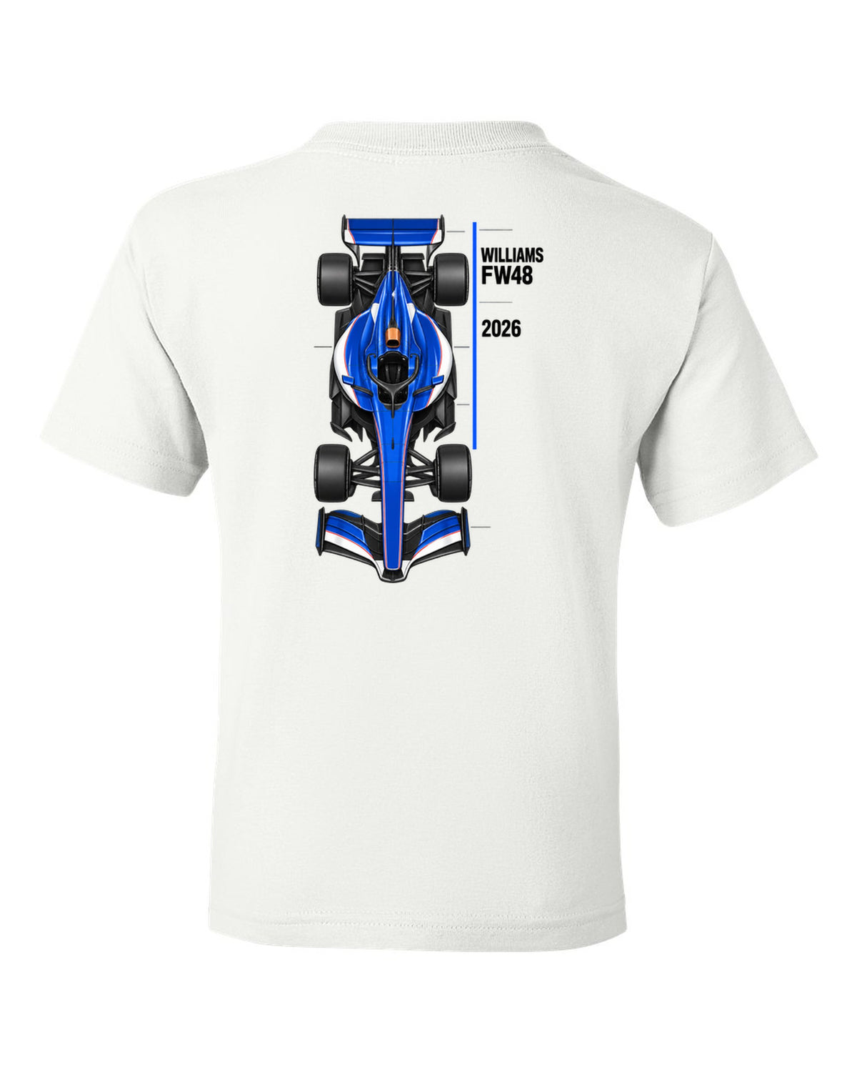Williams FW48 2026 F1 car technical poster artwork white kids tee back view with the design