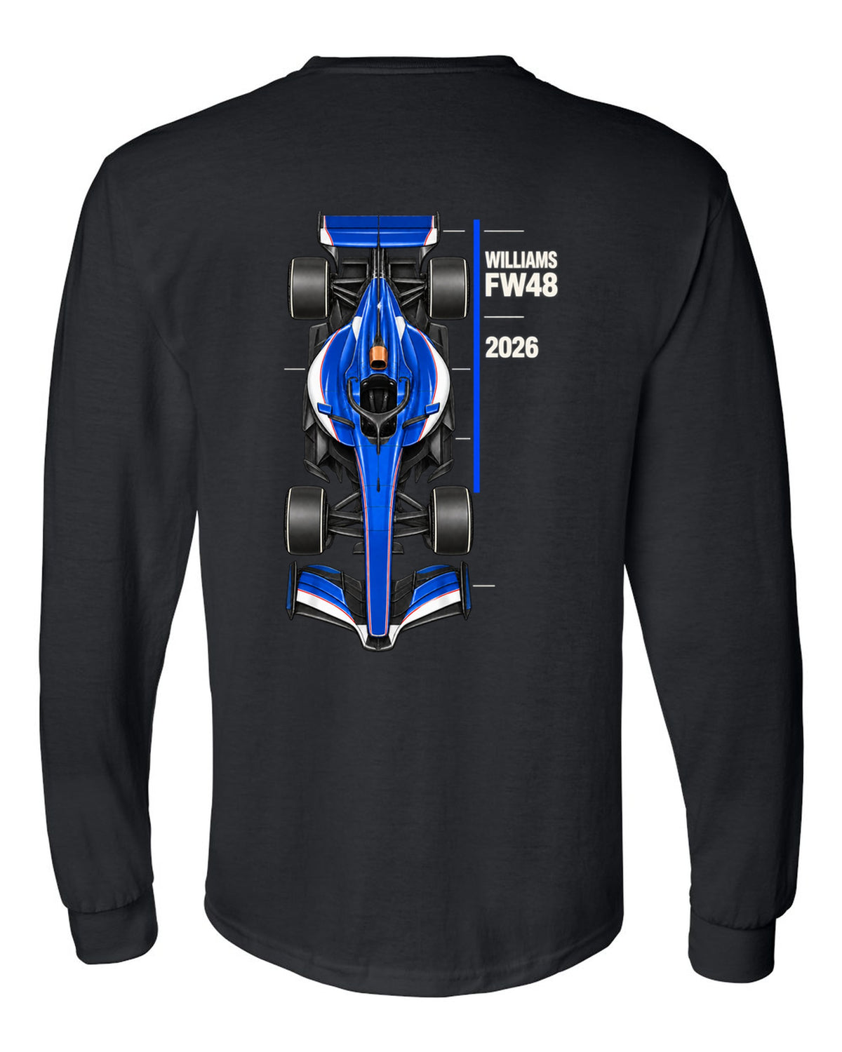 Williams FW48 2026 F1 car technical poster artwork black long sleeve back view with the design
