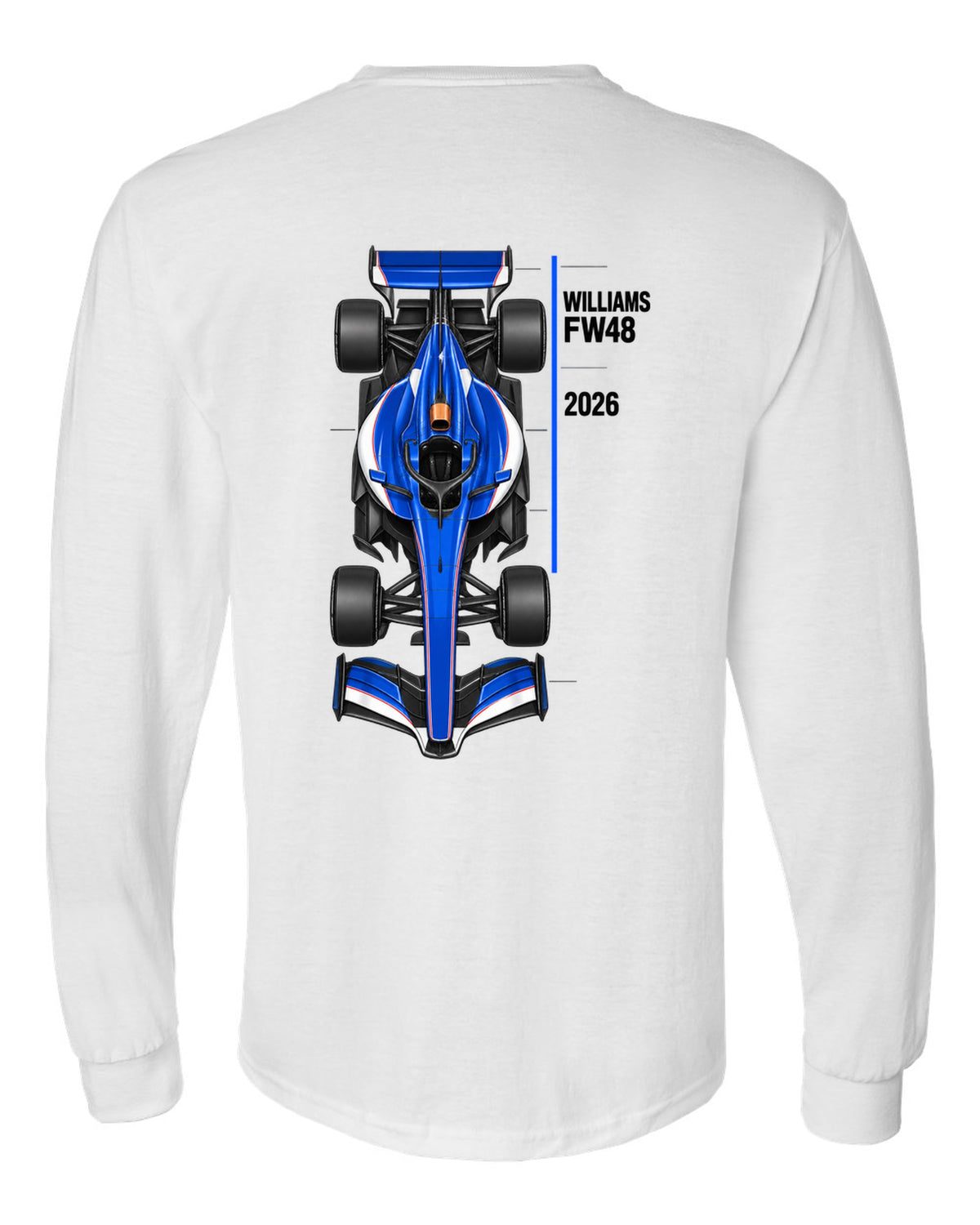 Williams FW48 2026 F1 car technical poster artwork white long sleeve back view with the design