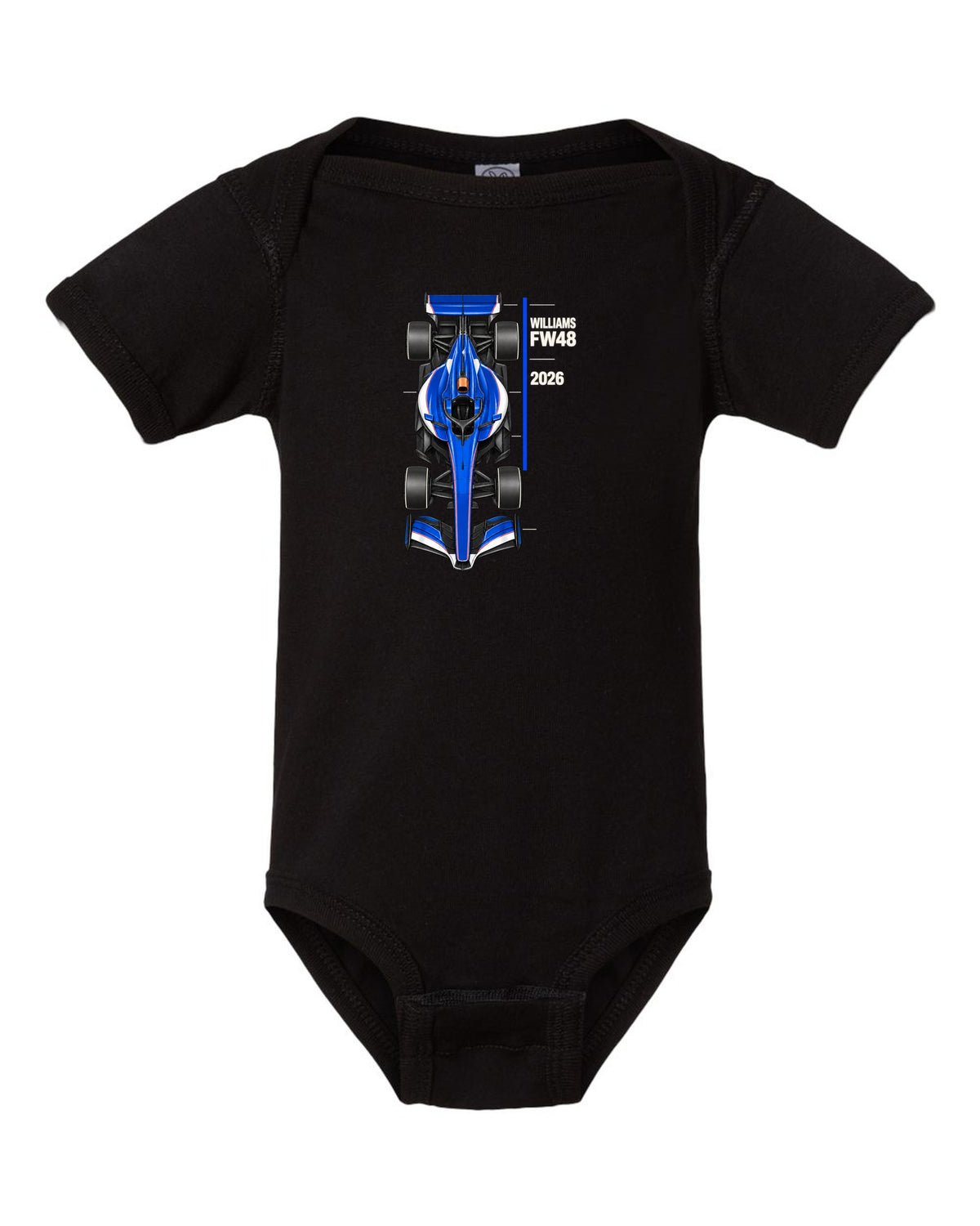Williams FW48 2026 F1 car technical poster artwork black baby onesie front view with the design