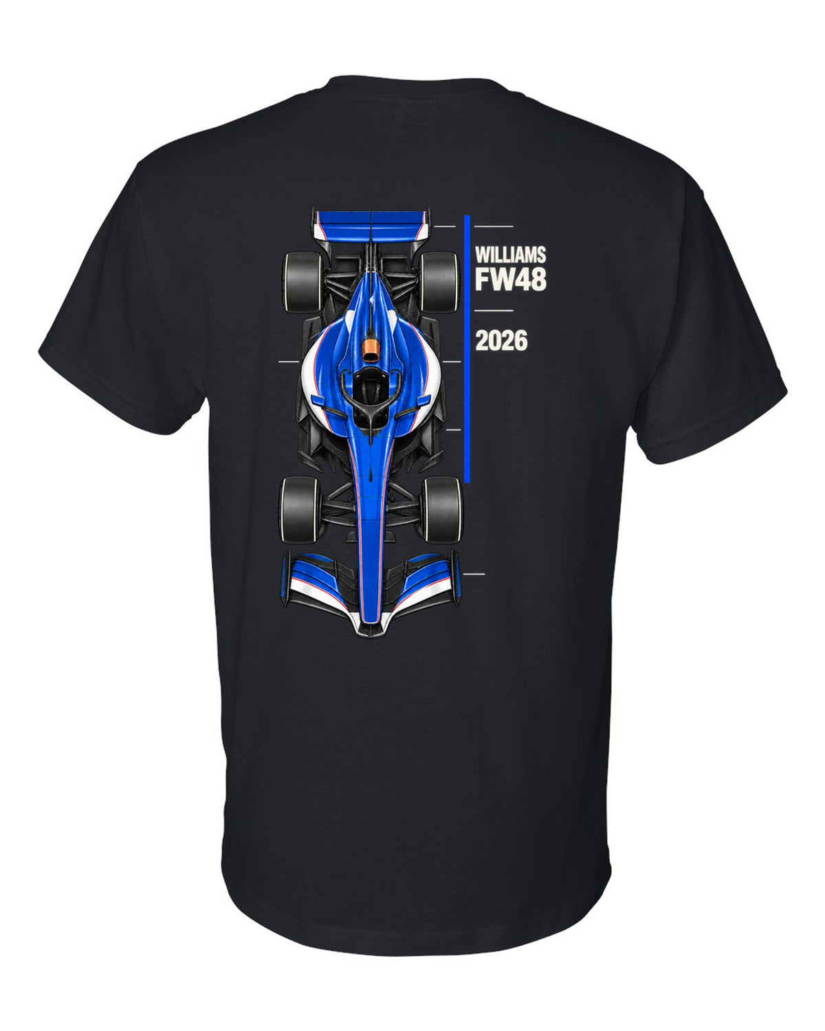 Williams FW48 2026 F1 car technical poster artwork black t-shirt back view with the design