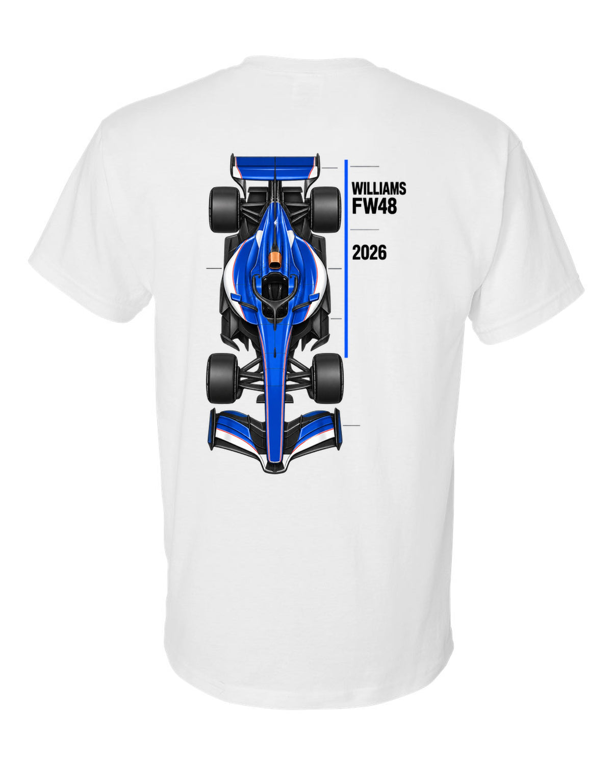 Williams FW48 2026 F1 car technical poster artwork white t-shirt back view with the design