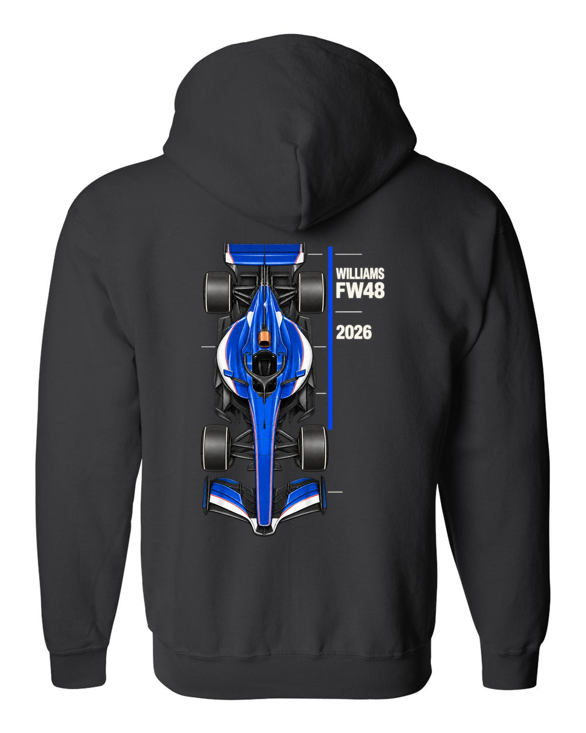 Williams FW48 2026 F1 car technical poster artwork black zip hoodie back view with the design