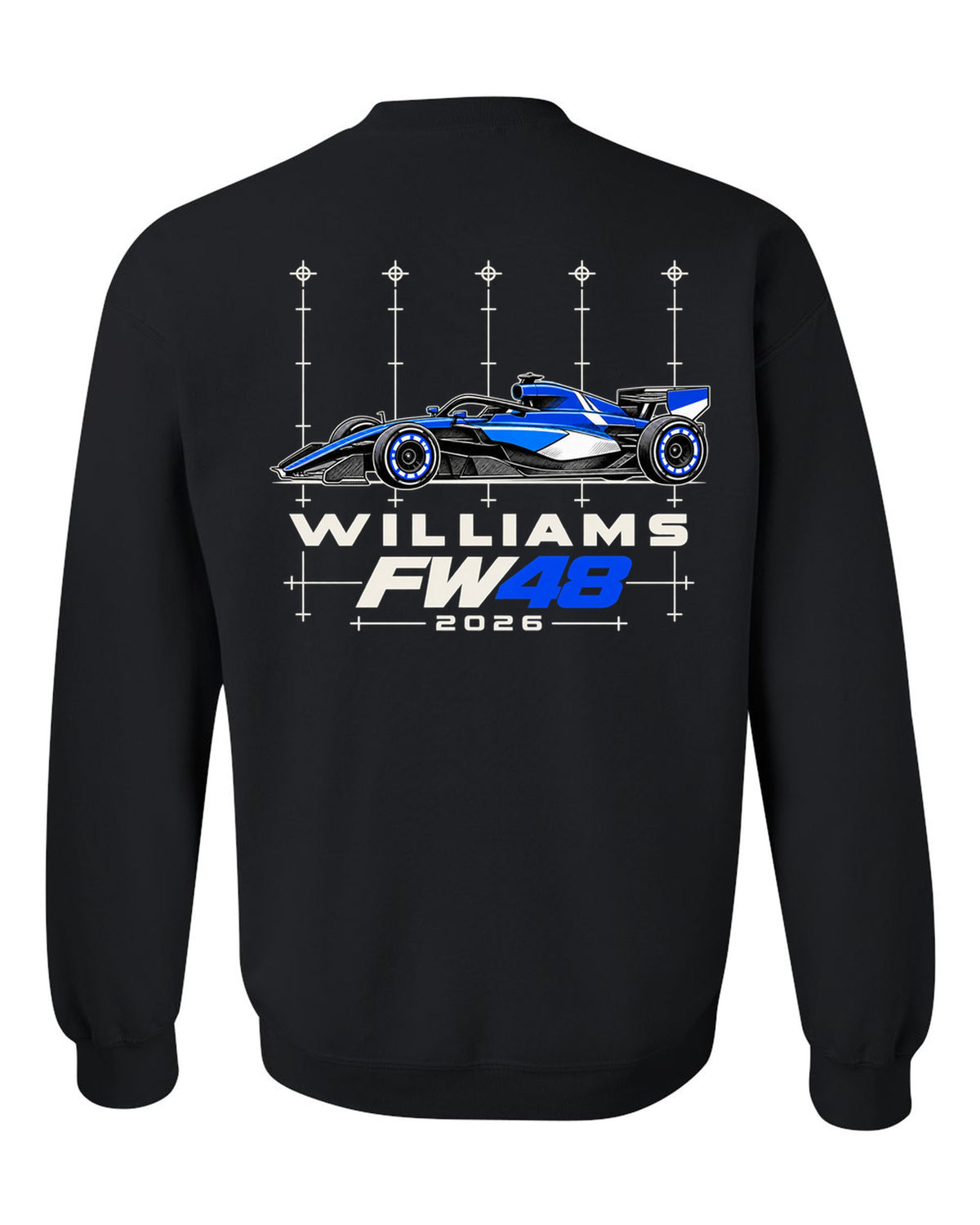 Williams FW48 2026 F1 car technical poster artwork black crewneck back view with the design