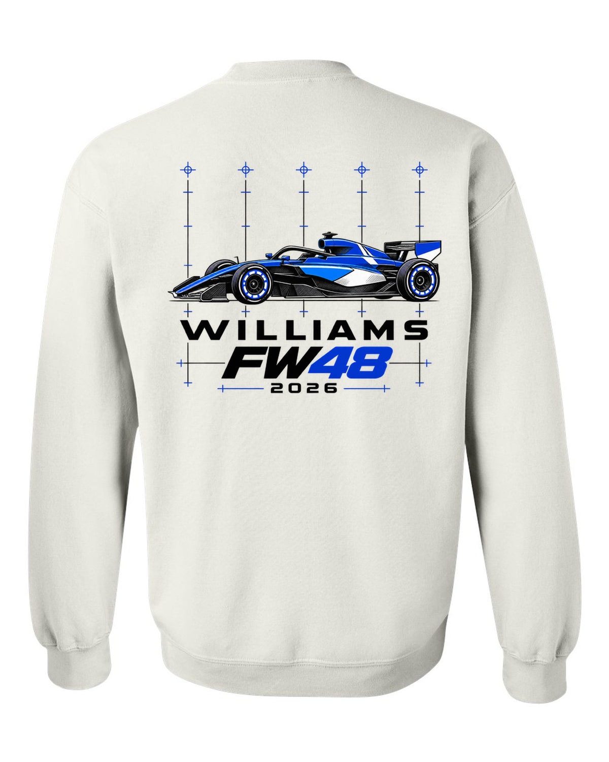 Williams FW48 2026 F1 car technical poster artwork white crewneck back view with the design
