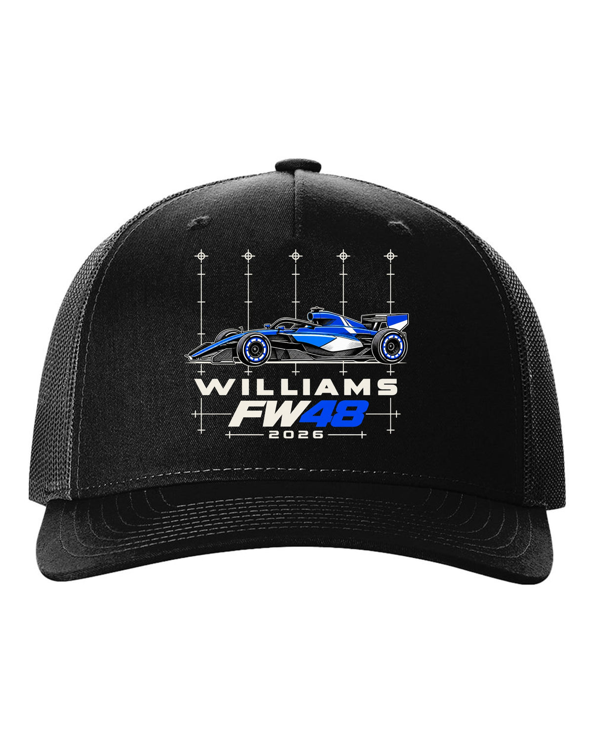 Williams FW48 2026 F1 car technical poster artwork black hat front view with the design