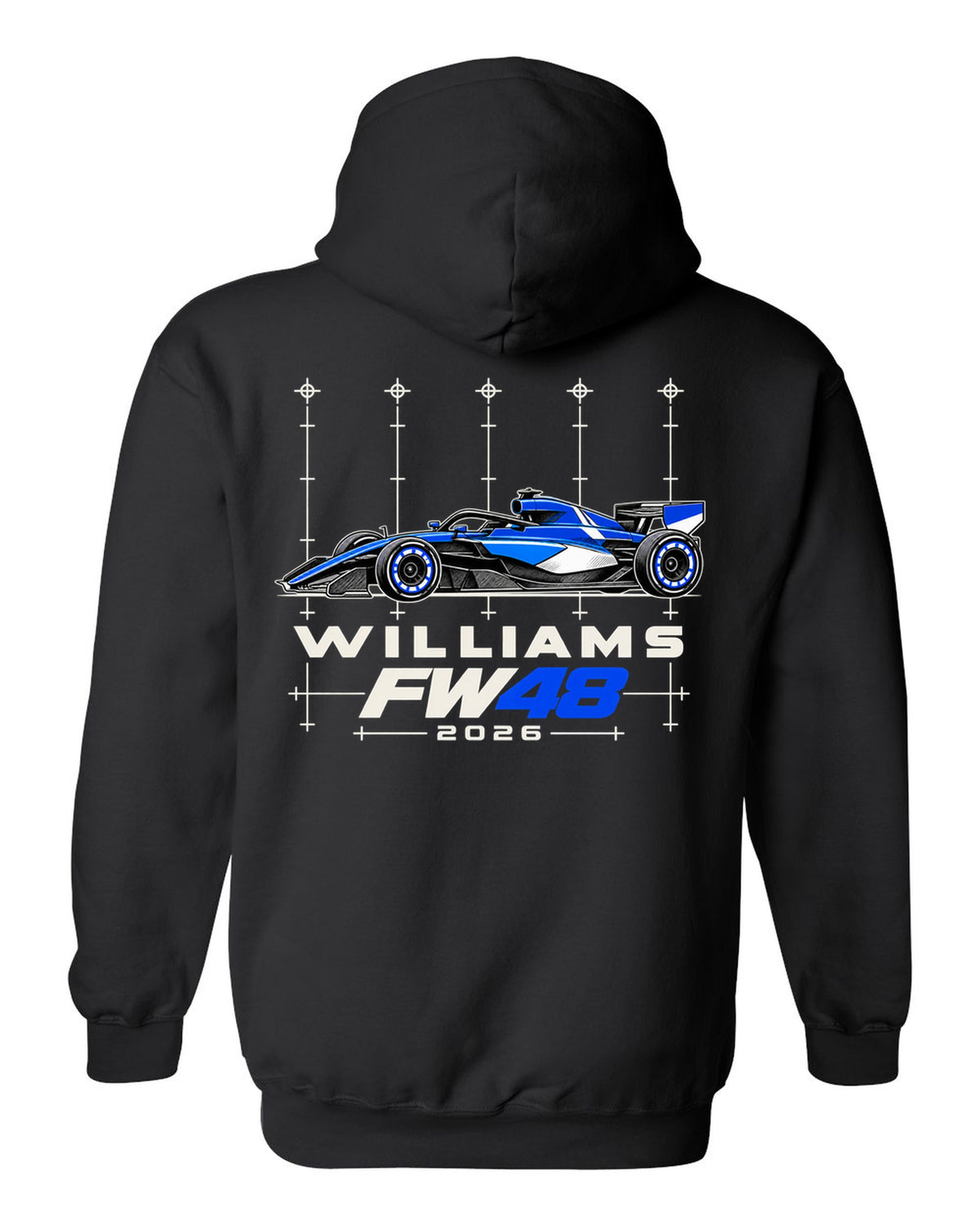 Williams FW48 2026 F1 car technical poster artwork black pull over hoodie back view with the design
