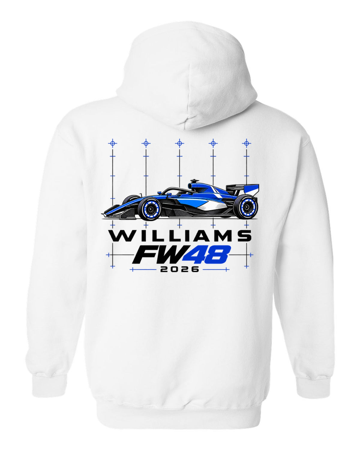 Williams FW48 2026 F1 car technical poster artwork white pull over hoodie back view with the design