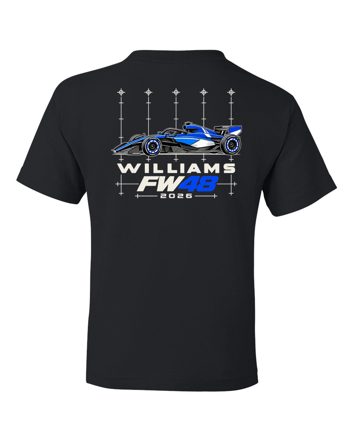 Williams FW48 2026 F1 car technical poster artwork black kids tee back view with the design
