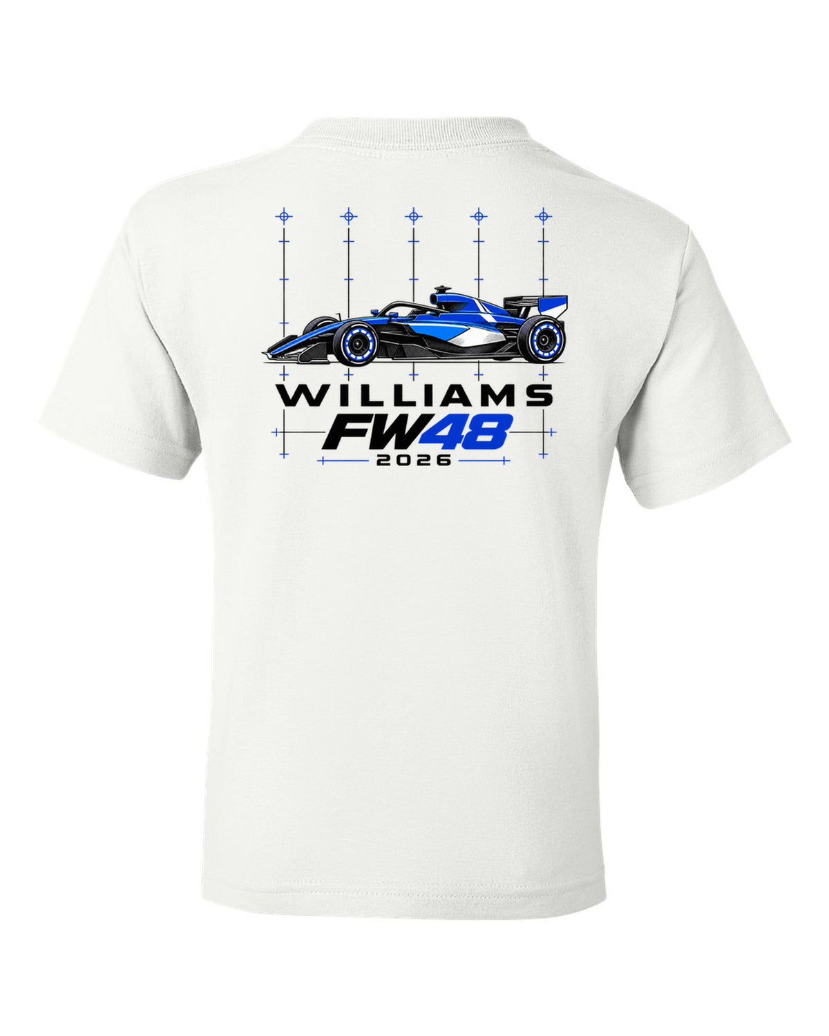 Williams FW48 2026 F1 car technical poster artwork white kids tee back view with the design