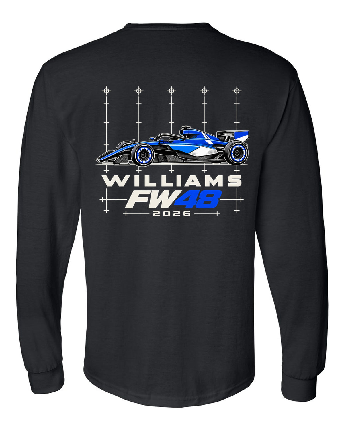 Williams FW48 2026 F1 car technical poster artwork black long sleeve back view with the design