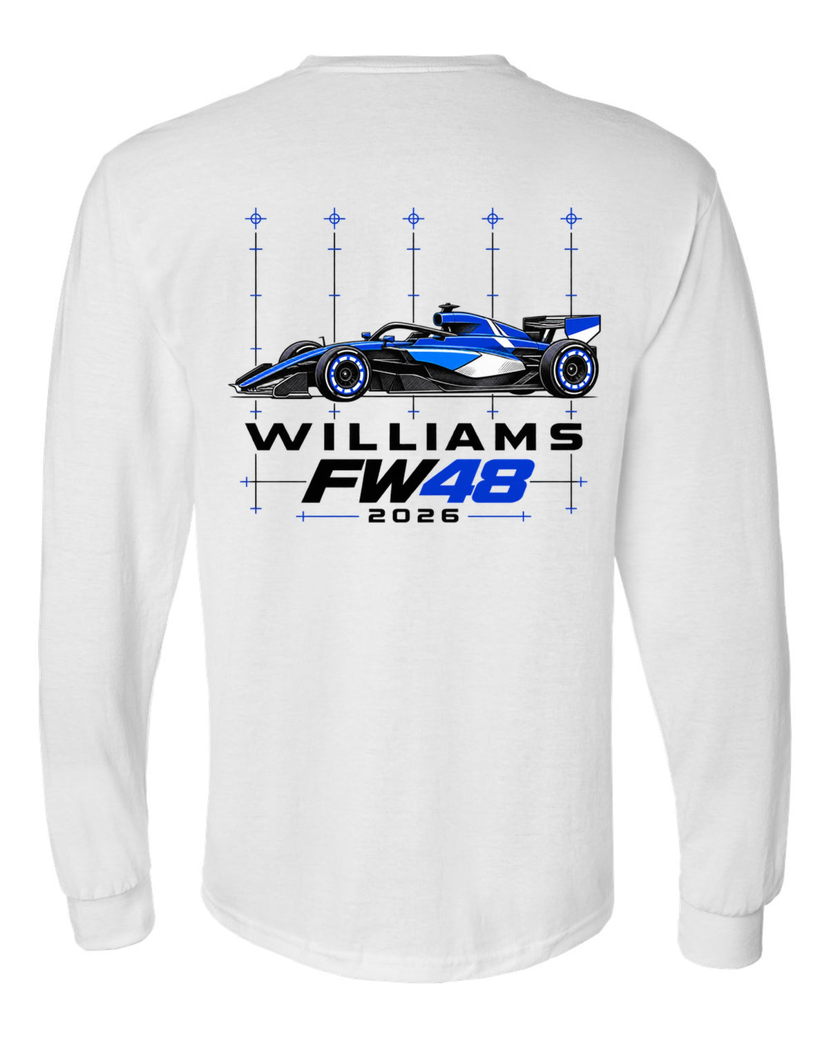 Williams FW48 2026 F1 car technical poster artwork white long sleeve back view with the design